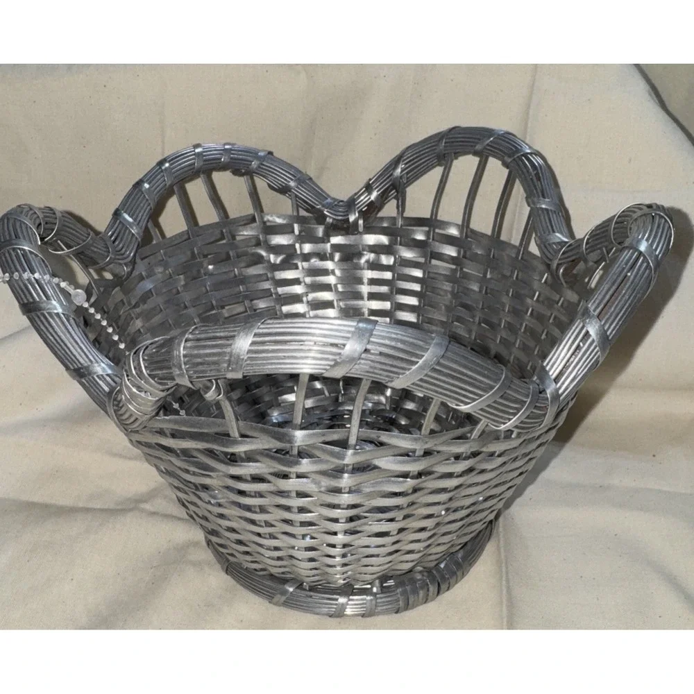 French Woven Wire Basket Caddy with Silver Plating Scalloped 5.5